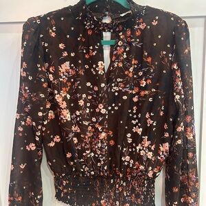 nine britton Black Floral Smocked Waist Long Sleeve Blouse